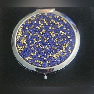 Compact Mirror with Blue and Gold Crystals, Silver Accents, NWOT Retails $29